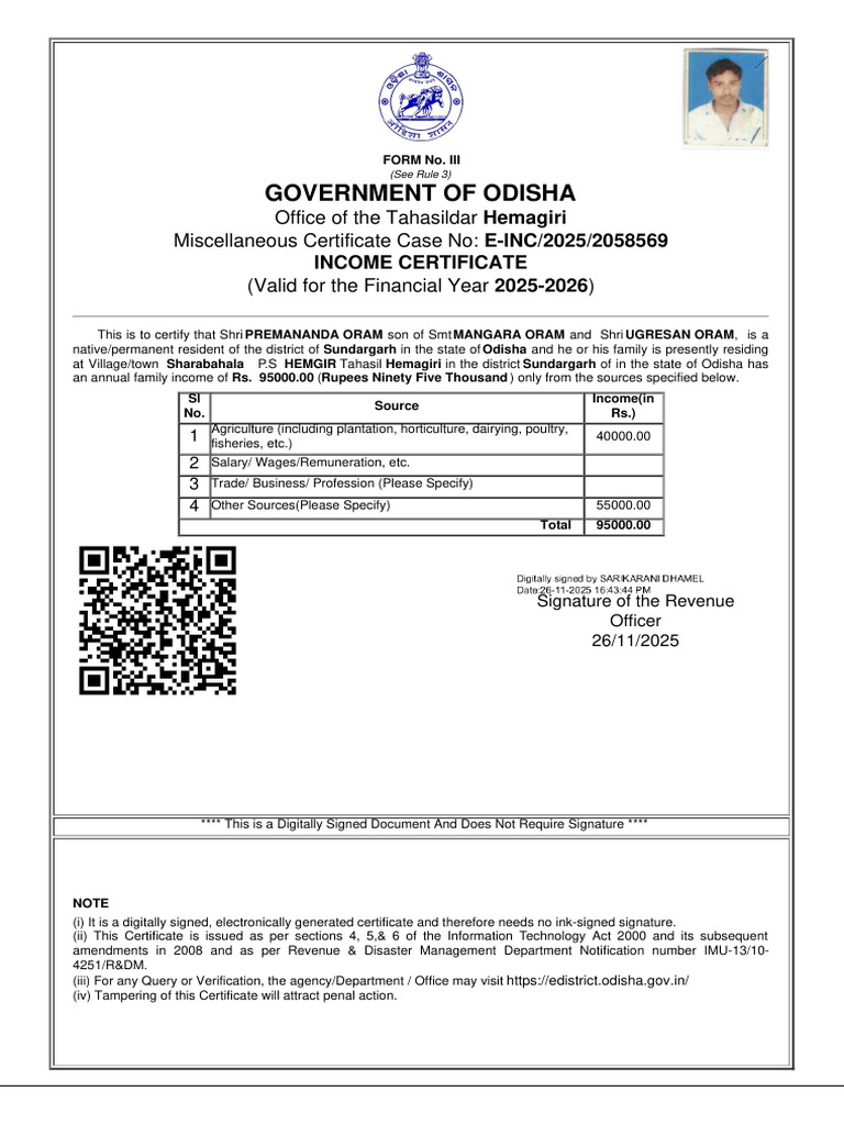 Odisha Income Certificate 2025-26 | PDF