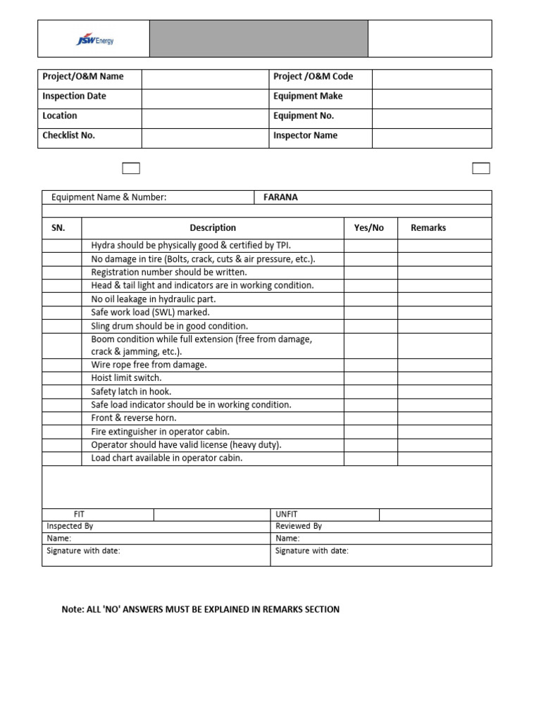 Farana Equipment Inspection Checklist | PDF