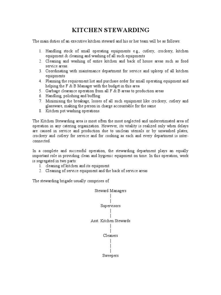 Kitchen Stewarding Duties and Importance | PDF | Kitchen | Tableware