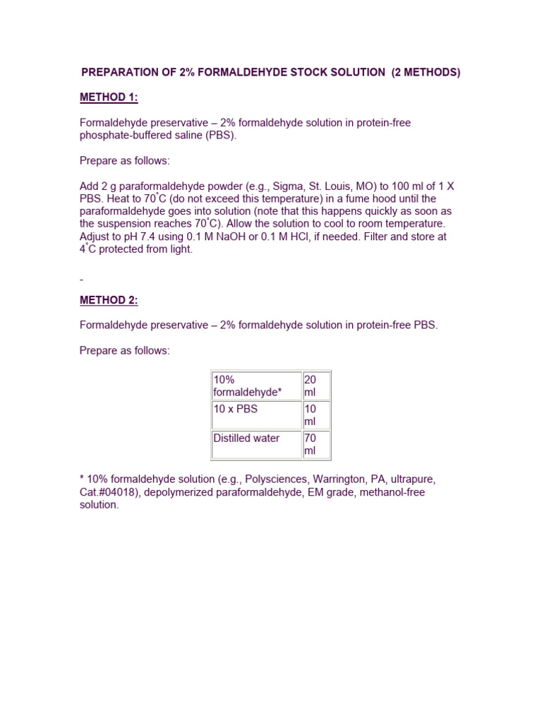 2% Formaldehyde Solution Preparation Methods | PDF