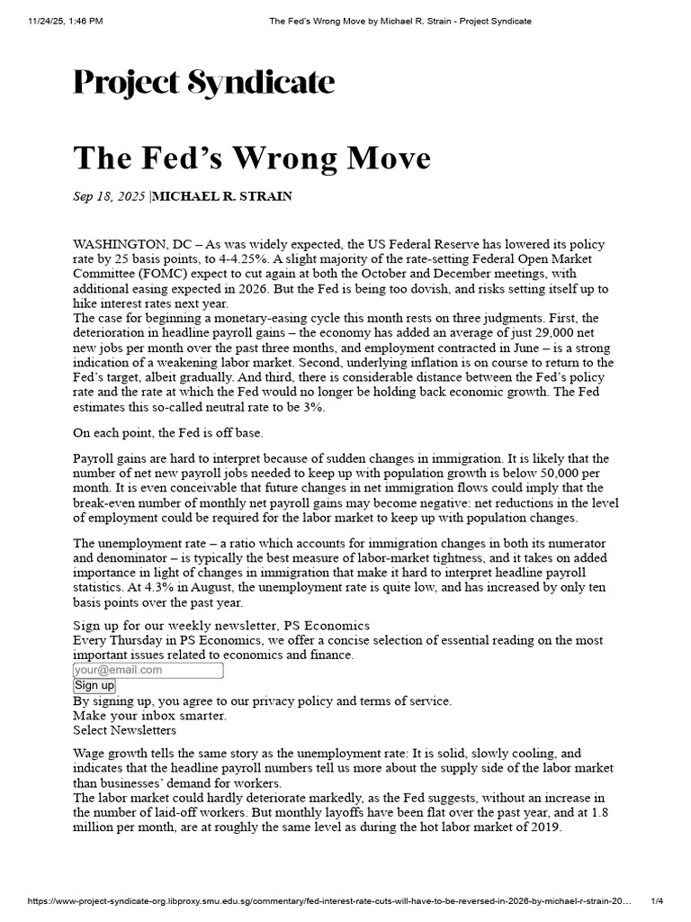 The Fed’s Wrong Move by Michael R. Strain - Project Syndicate (1) | PDF ...
