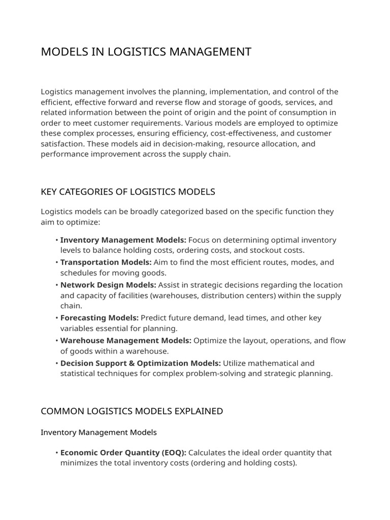Key Logistics Management Models Explained | PDF | Logistics | Warehouse