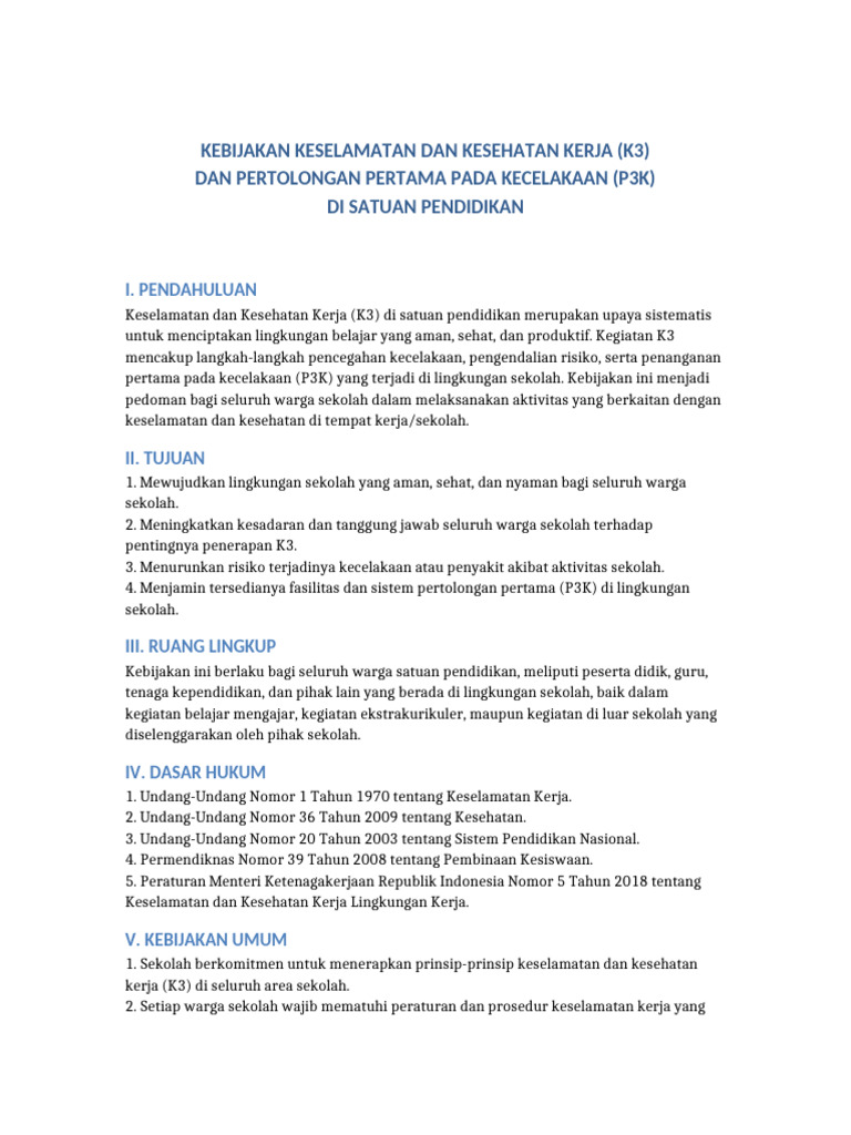 Kebijakan K3 dan P3K di Sekolah | PDF