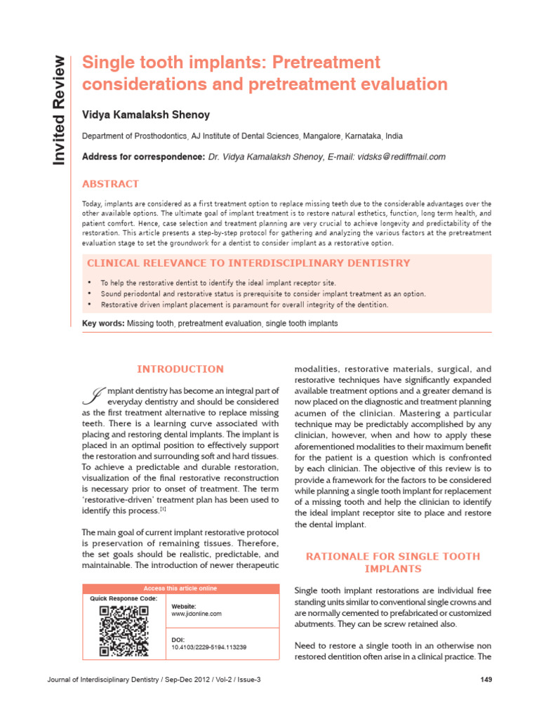 Single Tooth Implants: Evaluation Guide | PDF | Dental Implant ...