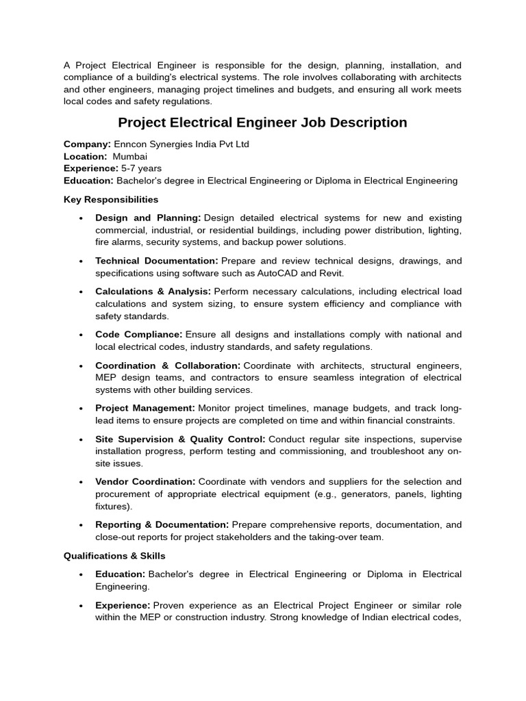 Project Electrical Engineer Role Overview | PDF | Engineer | Electrical ...