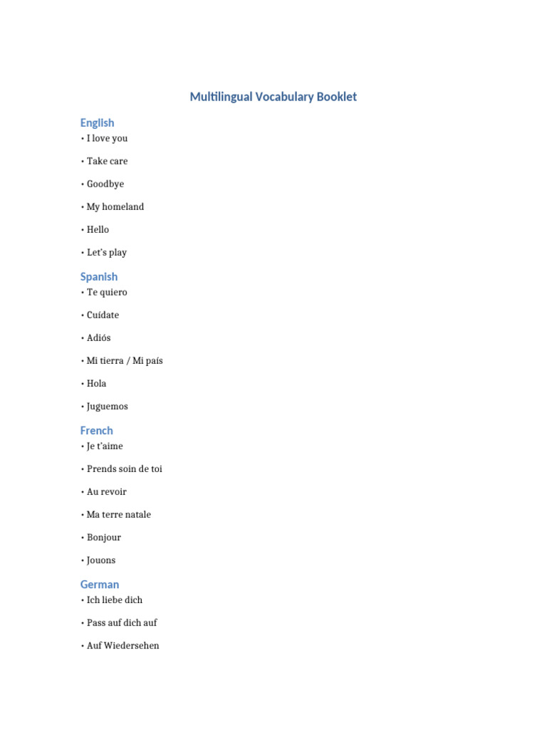 Multilingual Vocabulary A5 Booklet | PDF