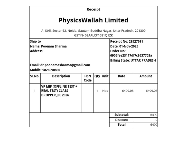 Receipt for JEE 2026 Test Purchase | PDF