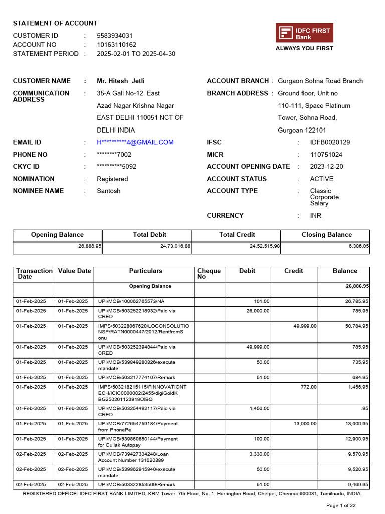 Account Statement: Feb-Apr 2025 | PDF | Payments | Debits And Credits