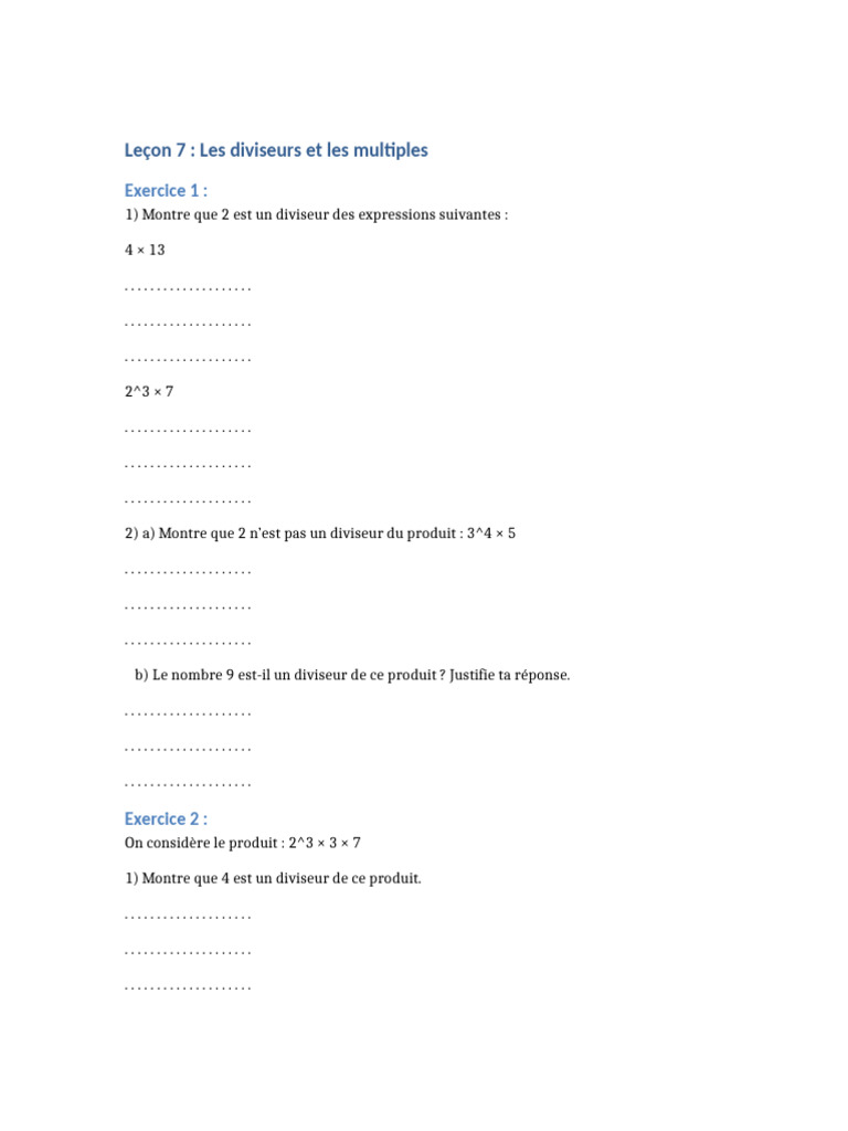 Diviseurs et multiples : exercices mathématiques | PDF | Algèbre ...