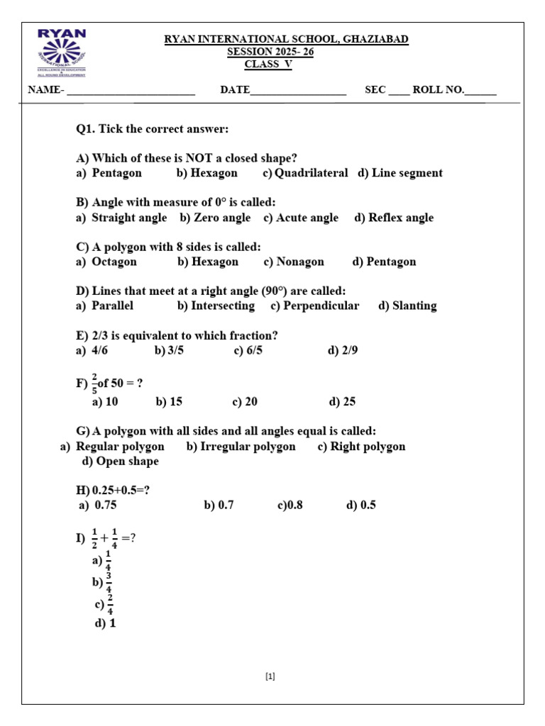 Class V Math Worksheet 2025-26 | PDF | Polygon | Angle