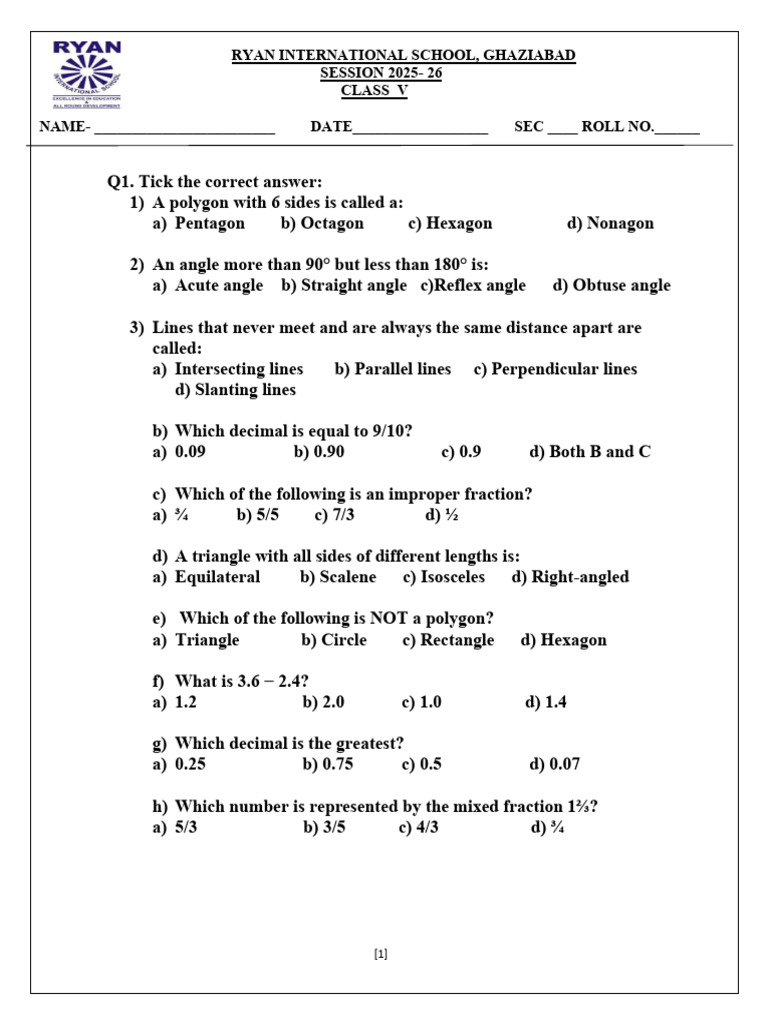 Class V Math Worksheet 2025-26 | PDF | Triangle | Classical Geometry