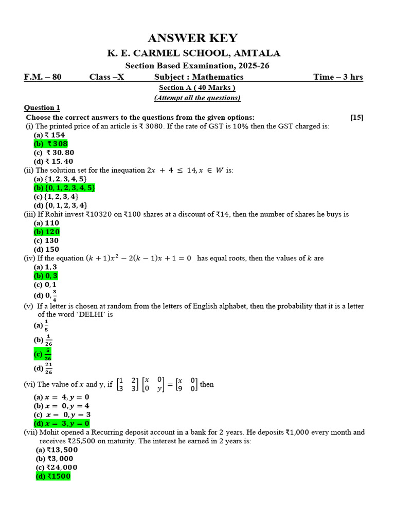 Class X Mathematics Exam Answer Key | PDF | Ratio | Euclidean Geometry