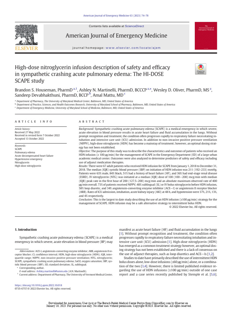 High-Dose Nitroglycerin for SCAPE Management | PDF | Blood Pressure ...
