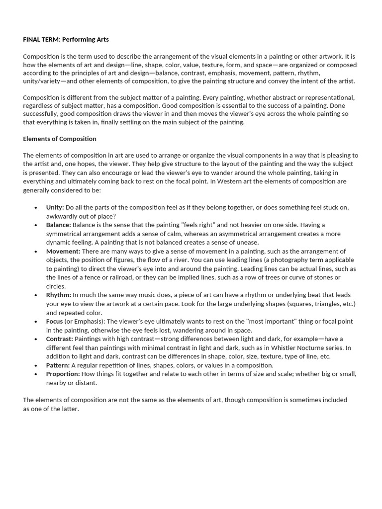 Final Term Performing Arts Complete | PDF | Composition (Visual Arts ...