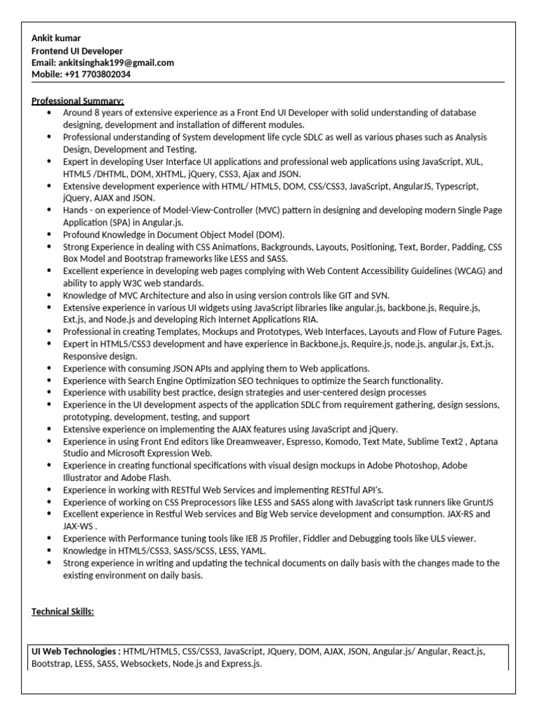 Frontend UI Developer Resume Summary | PDF | J Query | Ajax (Programming)