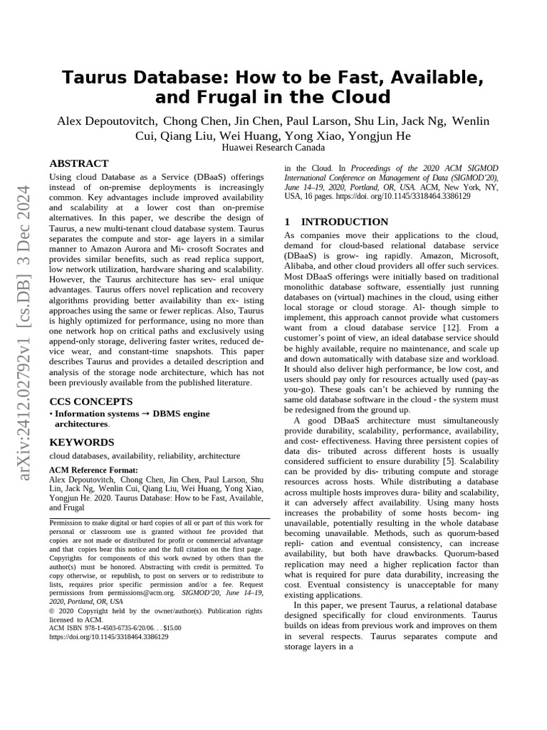 Taurus: Fast, Available Cloud Database | PDF | Replication (Computing ...