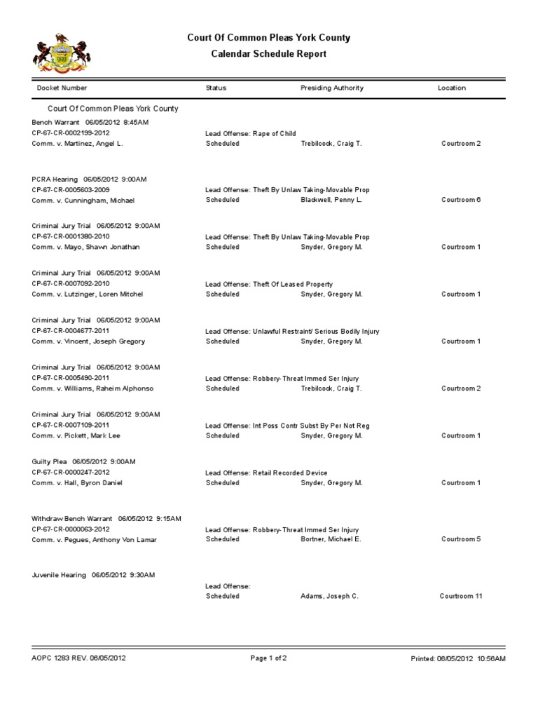 York County Court Schedule Report | PDF | Courtroom | Jury Trial