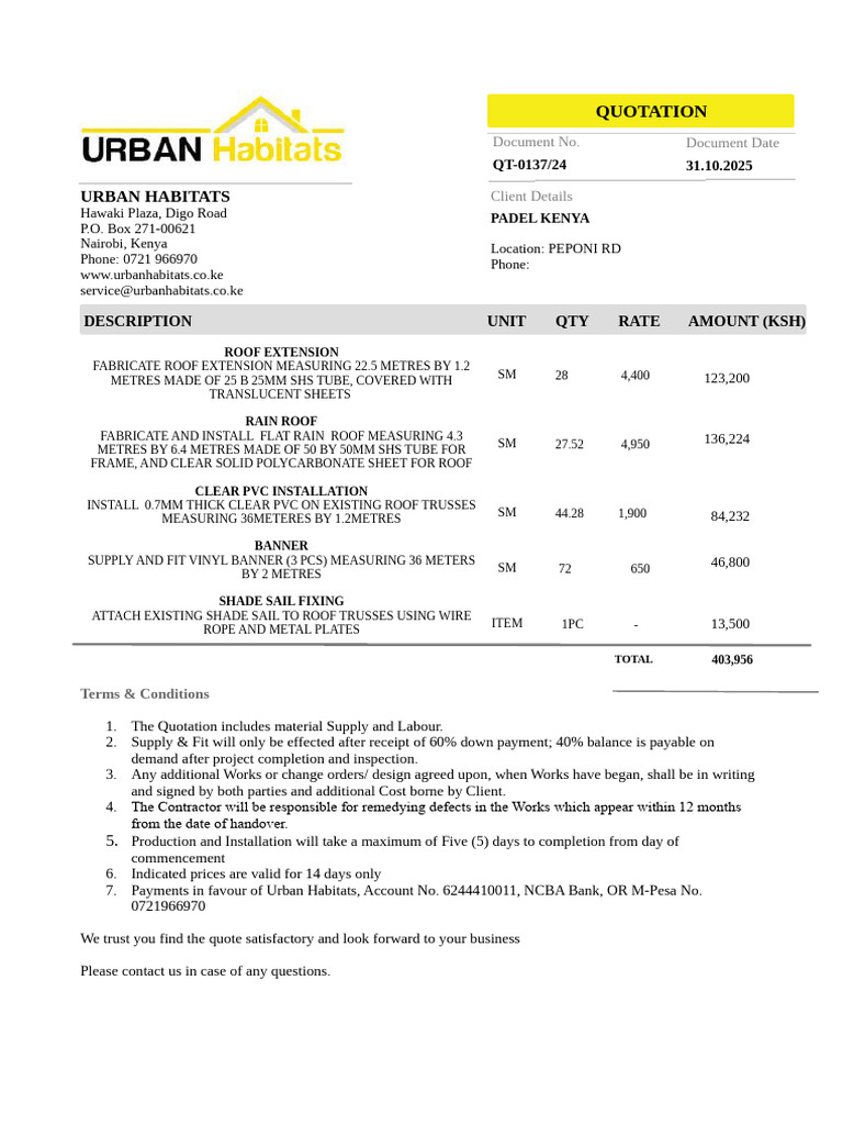 Urban Habitats Quotation Terms | PDF | Roof