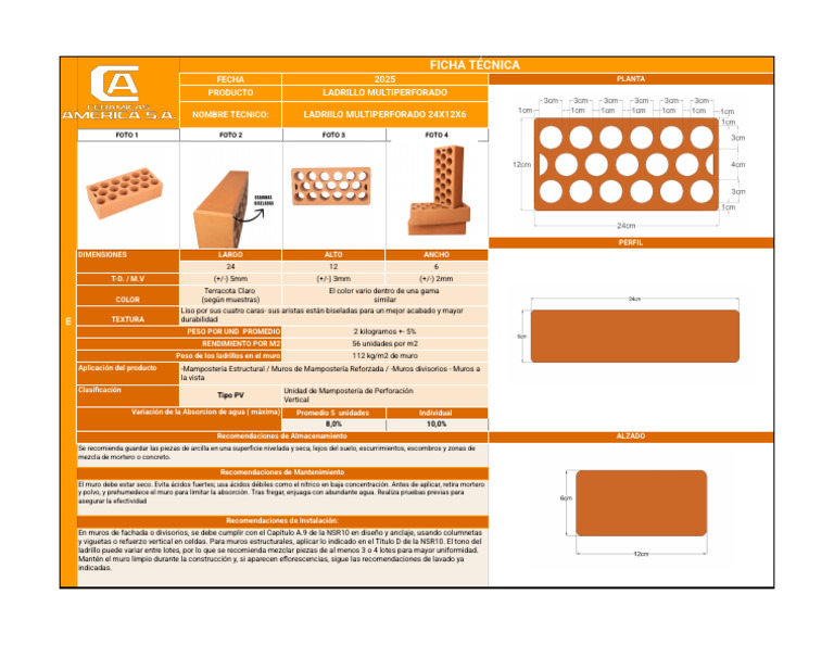 Ladrillo Multiperforado 24x12x6: Ficha Técnica | PDF | Albañilería ...