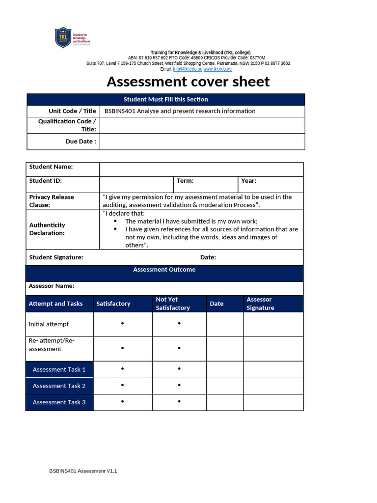 BSBINS401 Assessment Guidelines TKL College | PDF | Statistics ...