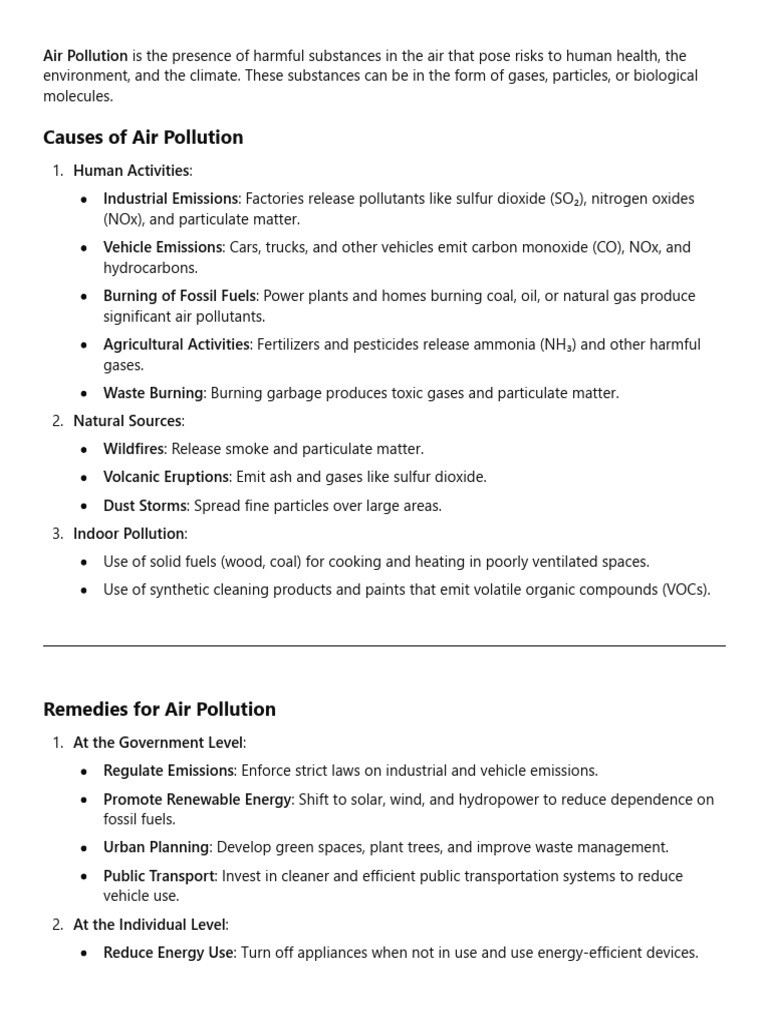 Causes and Remedies for Air Pollution | PDF | Air Pollution | Combustion