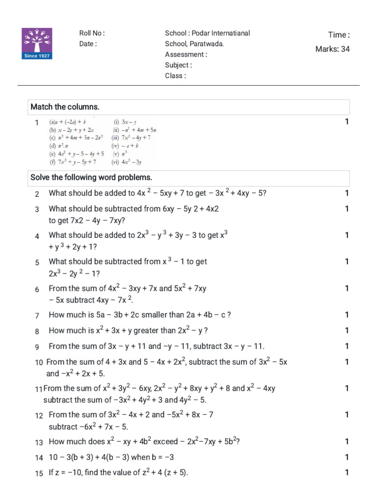 Class-VII R_J Maths Worksheet | PDF | Abstract Algebra | Algebra