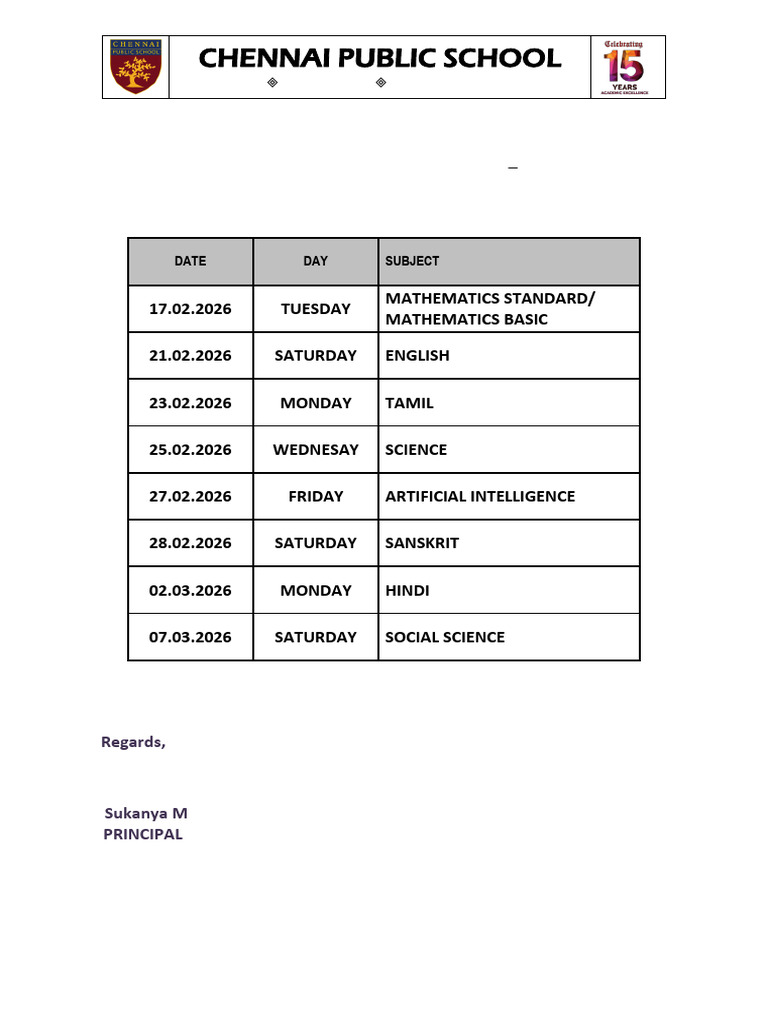 Class X Board Exam Timetable 2025-26 | PDF