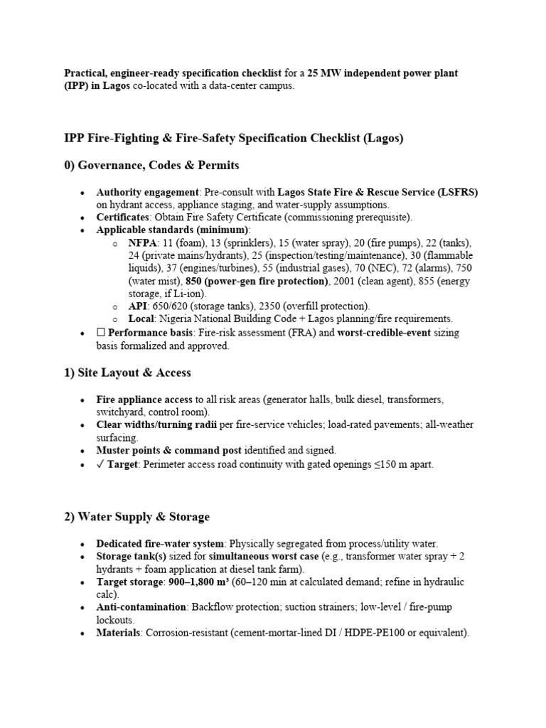 Fire Safety Checklist for Lagos IPP | PDF | Fire Sprinkler System ...