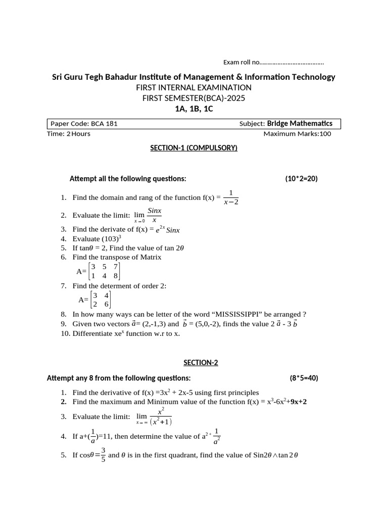 BCA 1st Semester Bridge Mathematics Exam | PDF | Mathematical Analysis ...