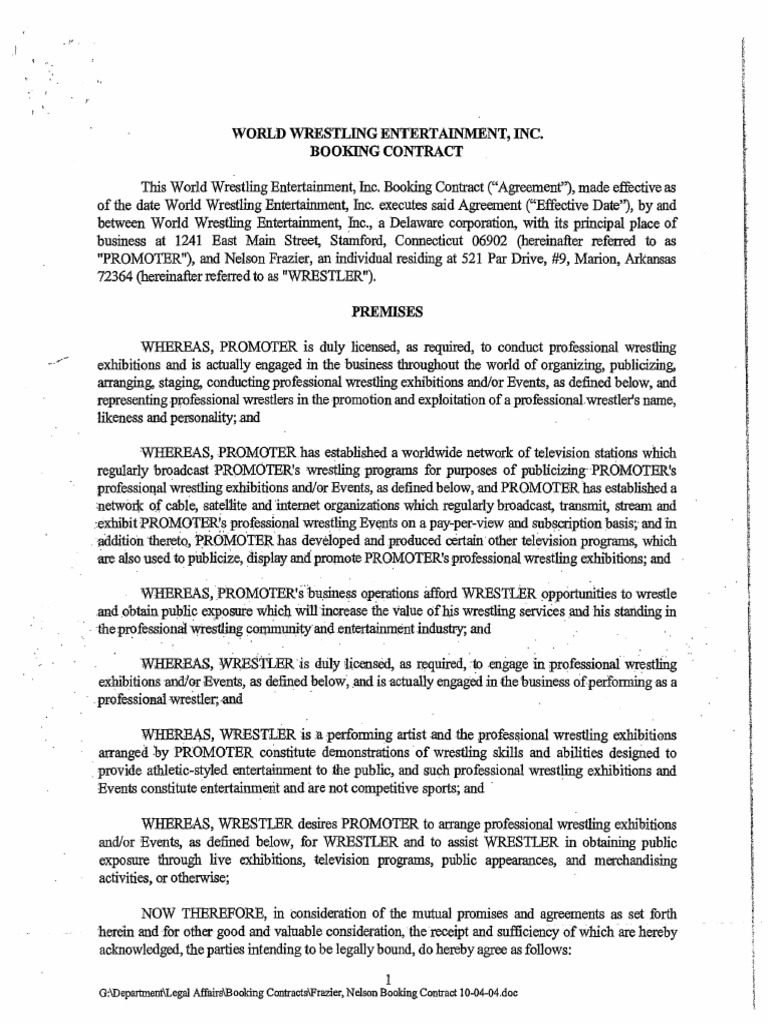 WWE Booking Contract for Wrestler Frazier | PDF | Royalty Payment ...