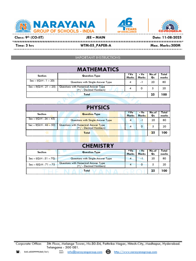 9th Sco Paper-A Jee-Main Wtm-05 QP DT 11-08-2025 | PDF | Periodic Table ...