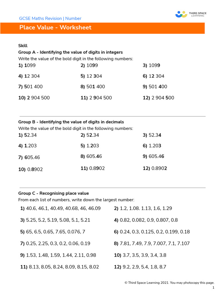GCSE Maths Place Value Worksheet | PDF | Mathematical Objects ...