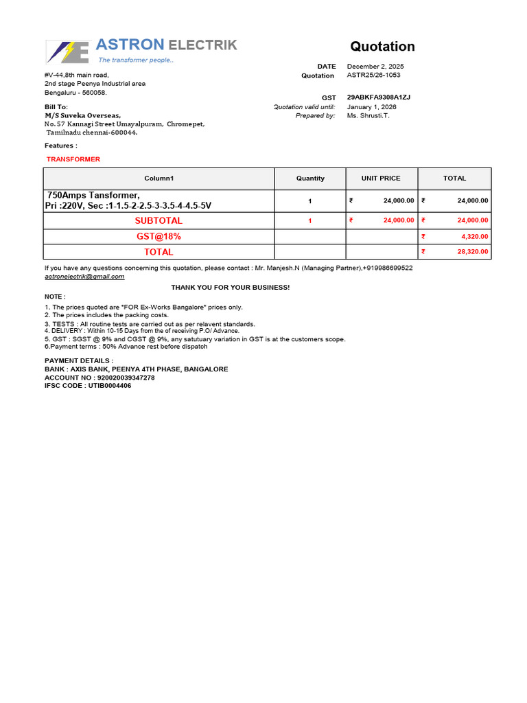 Transformer Quotation from Astron Electrik | PDF