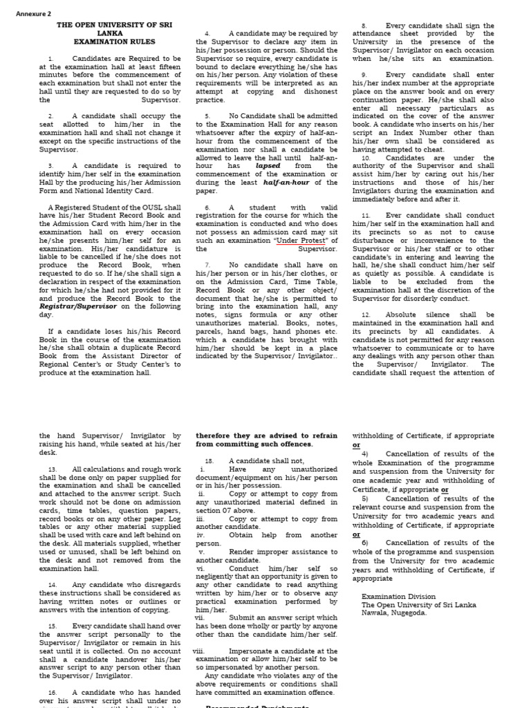 OUSL Examination Rules and Guidelines | PDF | Government | Public Law
