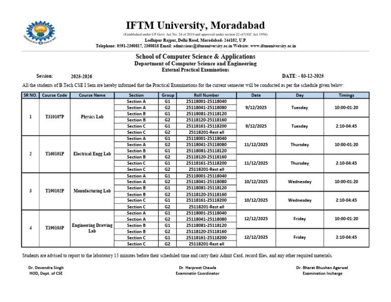 B.Tech CSE Practical Exam Schedule 2025 | PDF