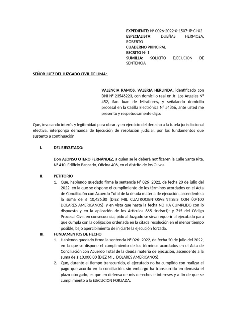 Solicitud de Ejecución de Sentencia Civil | PDF | Pagos | Ley Pública