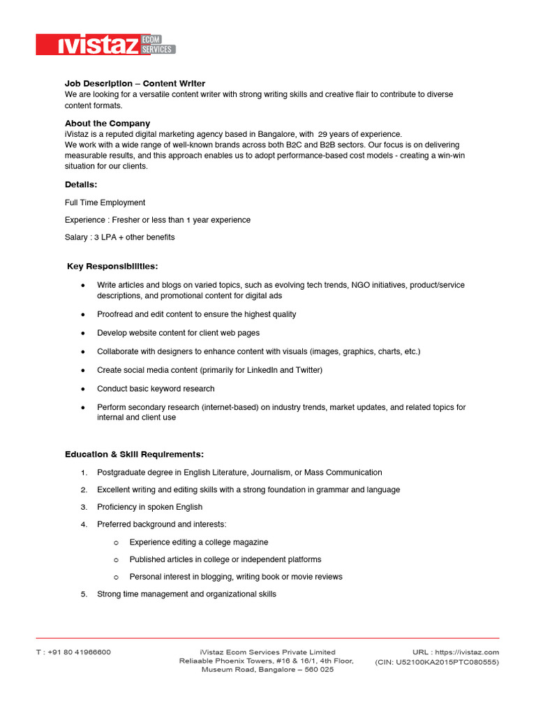 Content Writer Job at iVistaz, Bangalore | PDF
