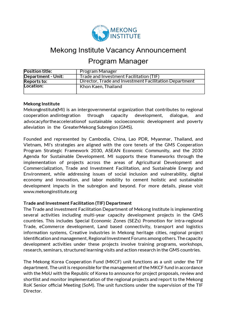 TOR Program-Manager TIF | PDF | Capacity Building | Economies