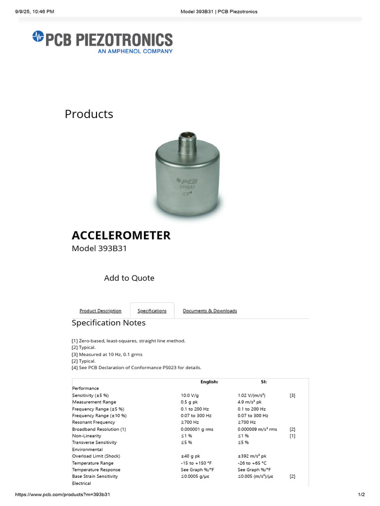 PCB Model 393B31 Accelerometer Specs | PDF | Hertz | Electrical Impedance