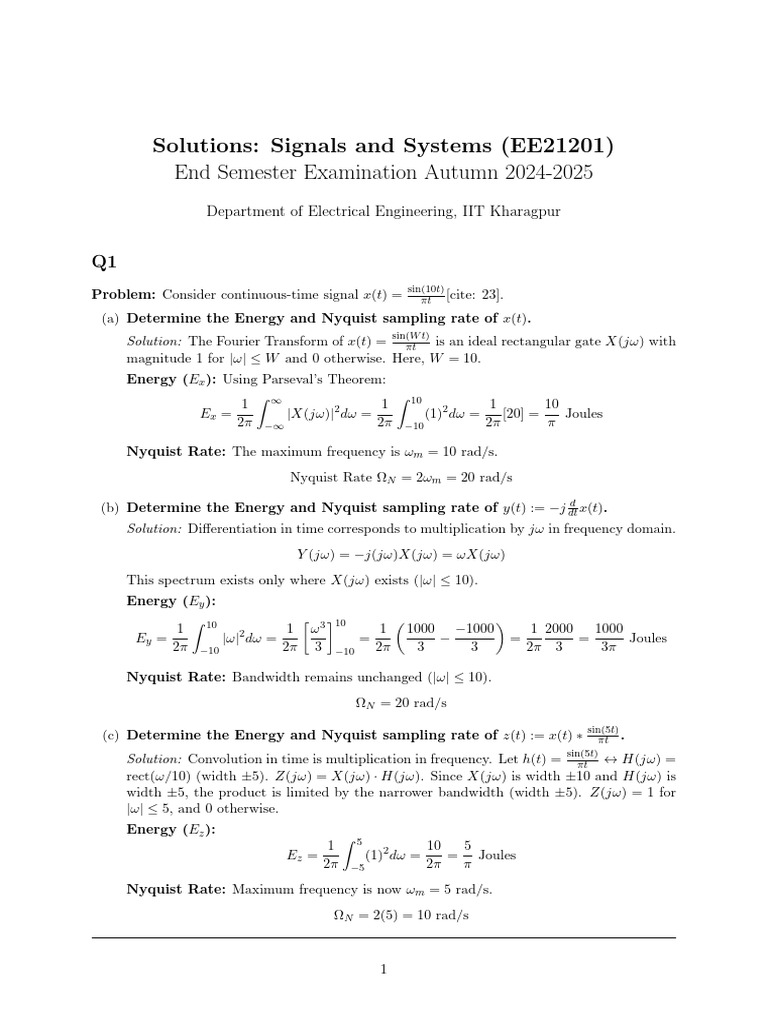 Signals and Systems Exam Solutions | PDF | Applied Mathematics ...