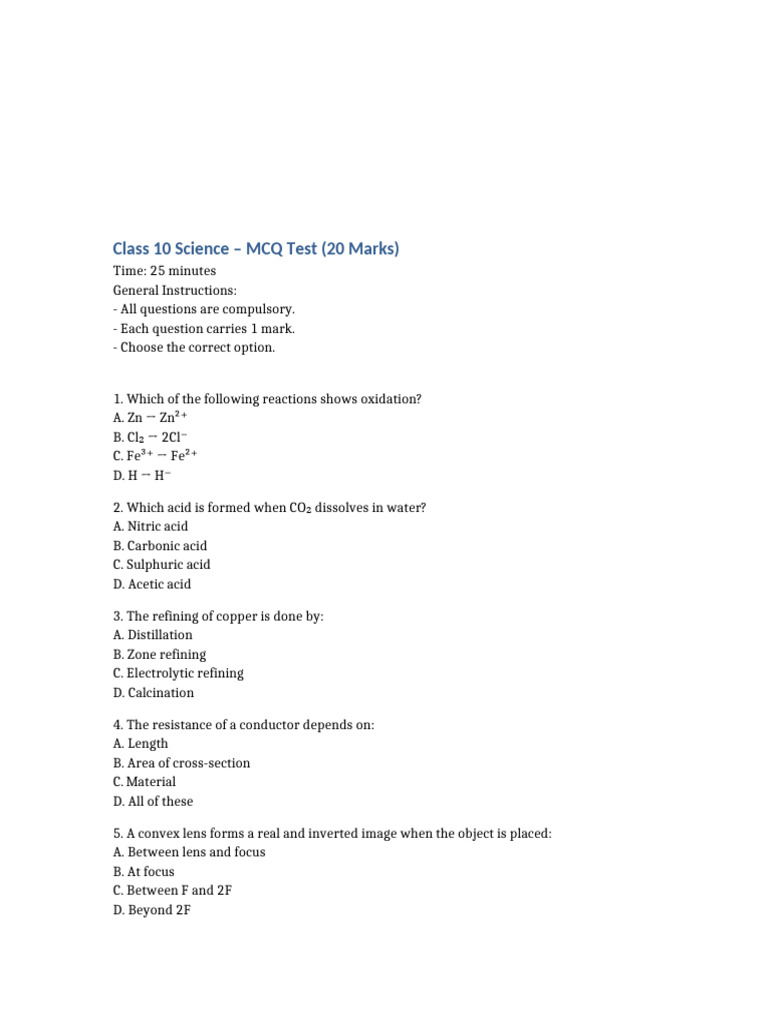 Class 10 Science MCQ Test Guide | PDF