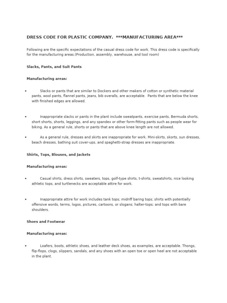 Manufacturing Dress Code Guidelines | PDF | Shoe | Trousers