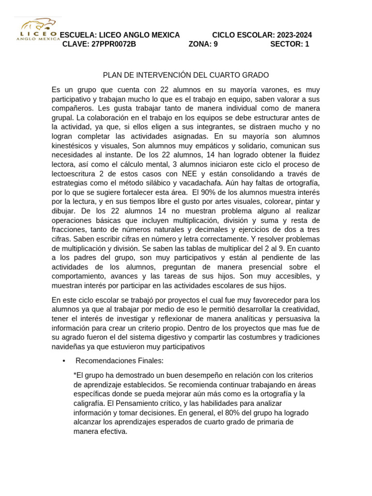 Plan de Intervención Cuarto Grado 2023-2024 | PDF | Plan de estudios ...