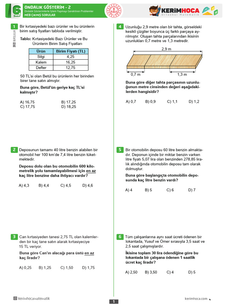 Sınıf - Ondalık Gösterim - MEB Çıkmış Sorular - 2 (Problemler) | PDF