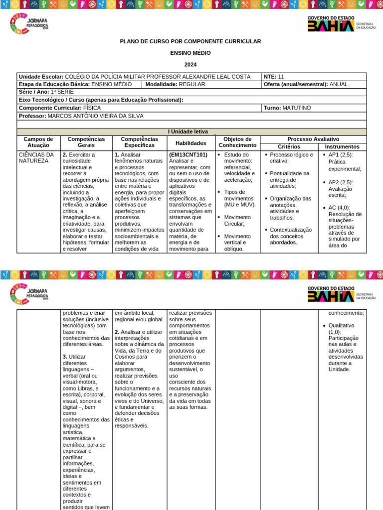 Plano de Curso Física 1ª Série CPM Barreiras - 2024 | PDF | Science ...
