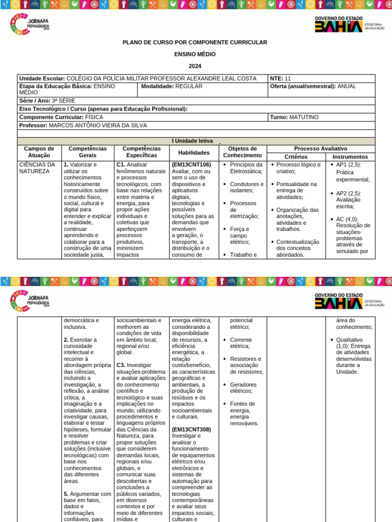 Plano de Curso de Física 3ª Série 2024 | PDF | Física | Science