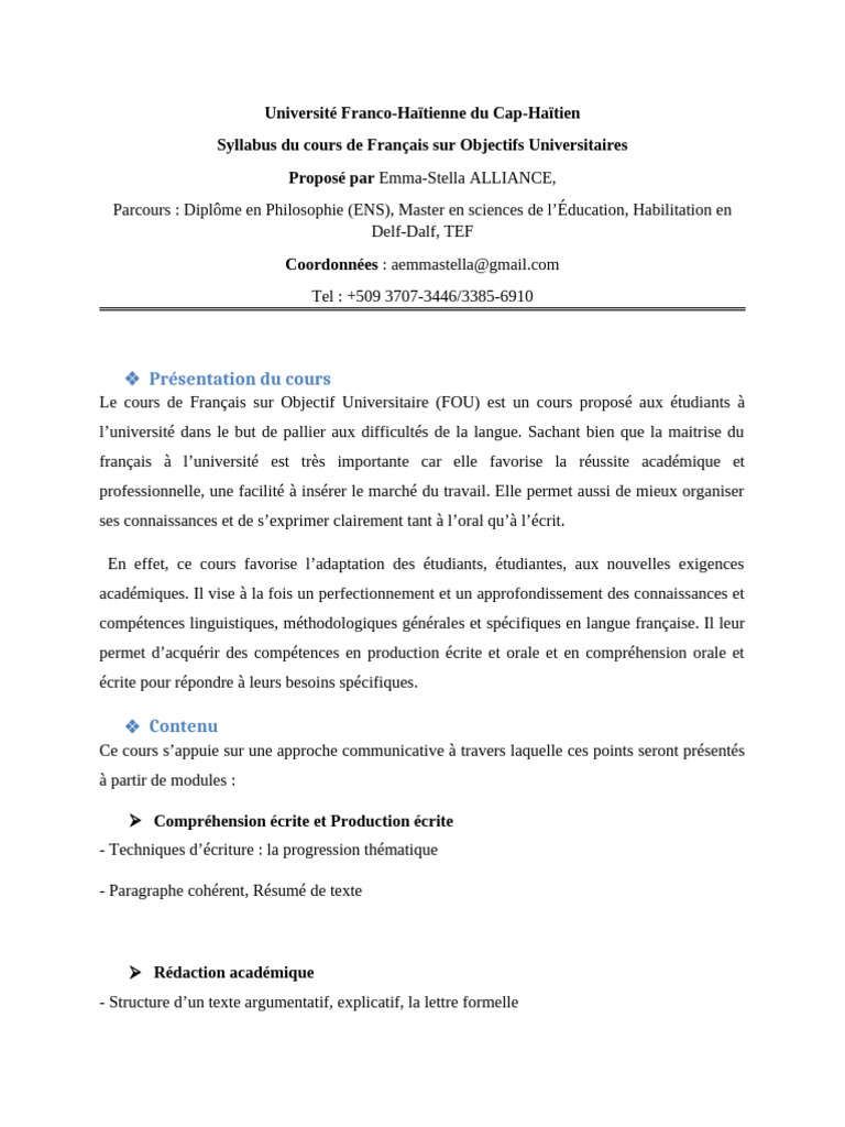 Cours de Français Universitaire à UFCH | PDF | Langue française