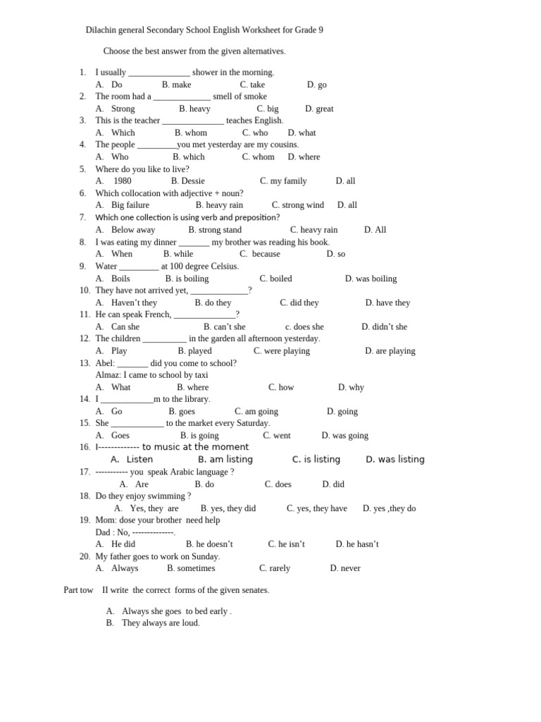 Grade 9 English Worksheet Answers | PDF | Linguistics | Syntax