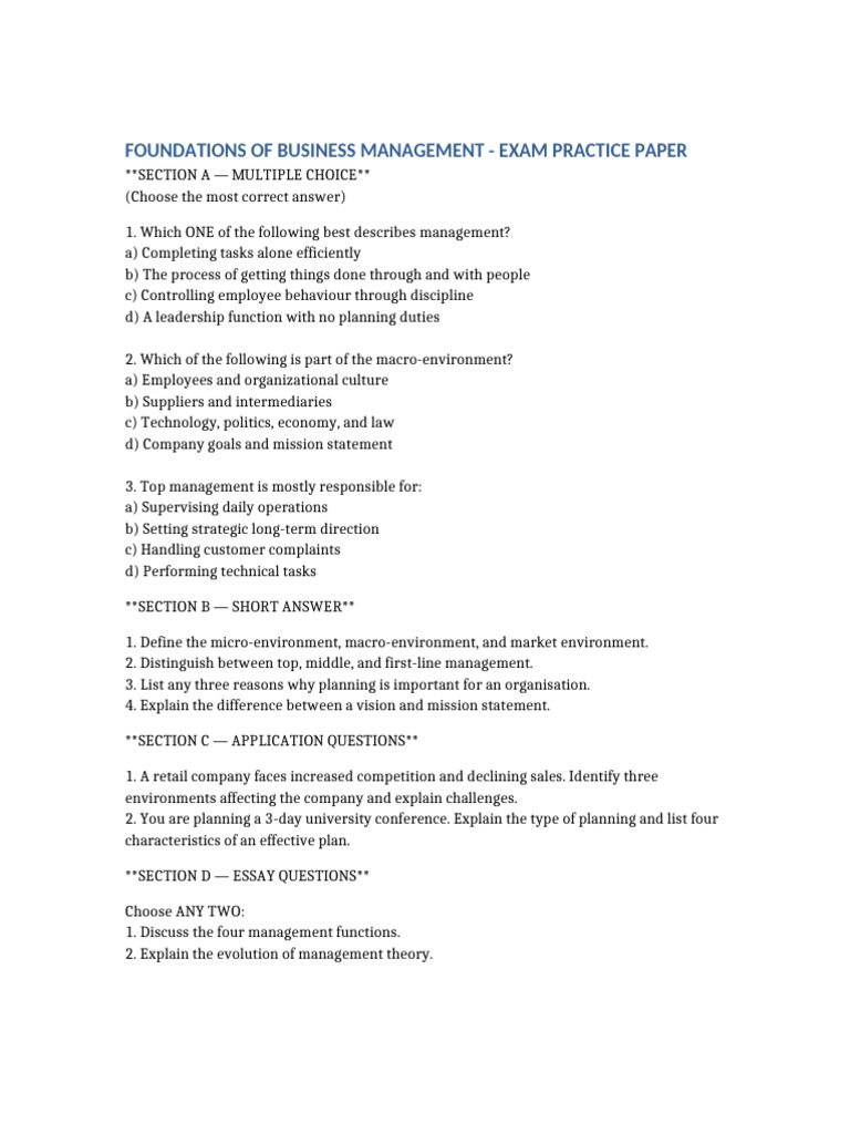 Foundations Business Management Exam Practice | PDF