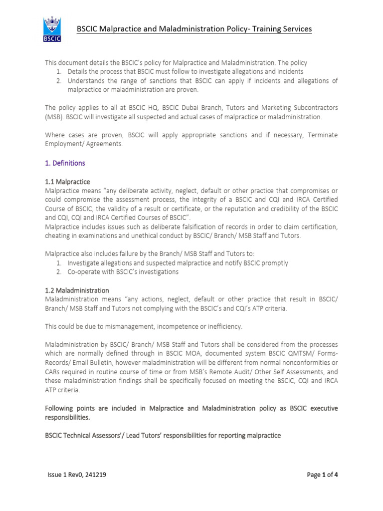 BSCIC Malpractice and Maladministration Policy | PDF | Justice | Crime ...